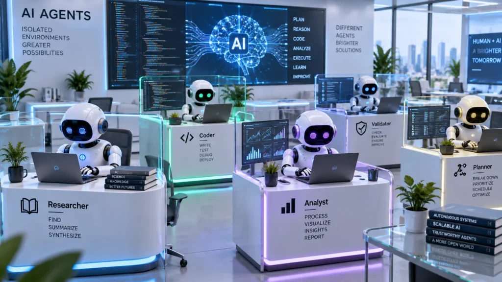 Ilustração de vários agentes de IA trabalhando em computadores individuais em um ambiente tecnológico moderno