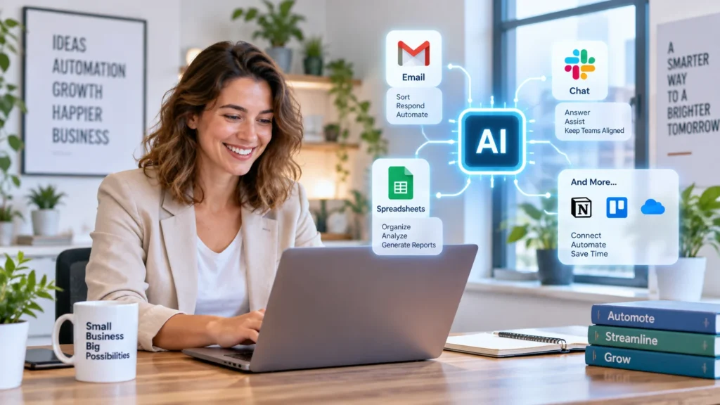 Pequeno empresário usando laptop com ícones de automação de IA conectando e-mail, planilhas e aplicativos de chat