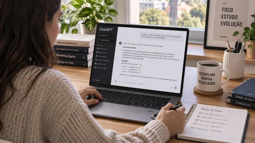 Pessoa estudando com laptop aberto mostrando conversa com ChatGPT, livros e cadernos ao redor em ambiente iluminado naturalmente