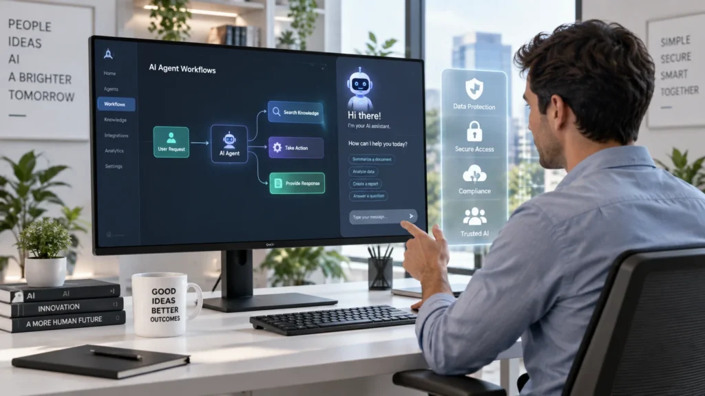 Pessoa usando assistente de IA em ambiente de trabalho moderno com ícones de segurança digital