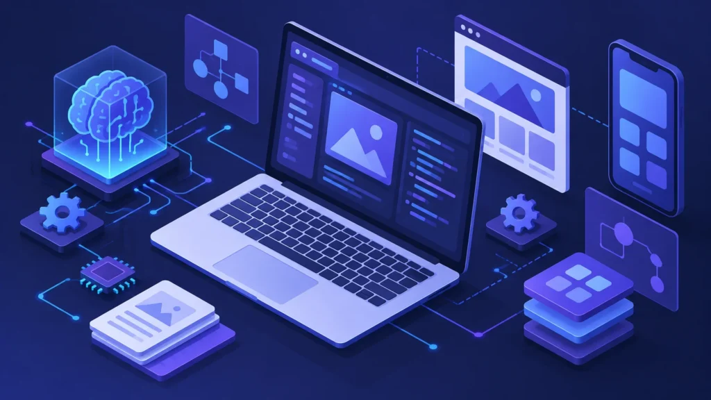 Ilustração conceitual abstrata sobre o tema: Como o GPT-6 Astra e o ChatGPT Sites Estão Facilitando a Criação de Sites e Apps para Iniciantes em IA