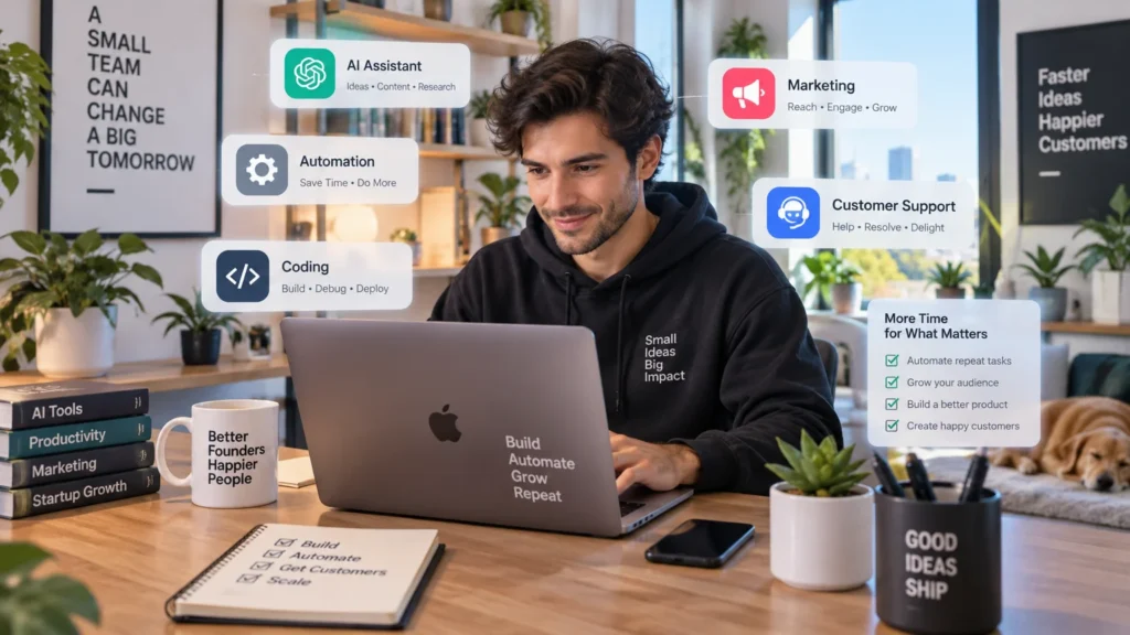 Fundador de startup usando ferramentas de IA para automatizar tarefas em um escritório moderno