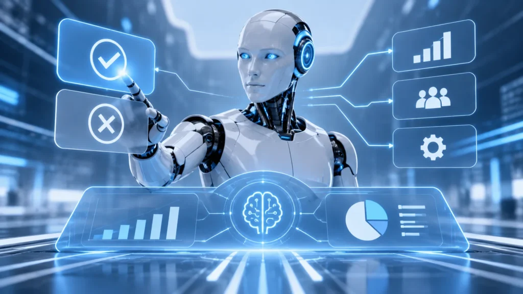 Representação visual de uma inteligência artificial tomando decisões rápidas e objetivas, com ícones de escolha e pontuação