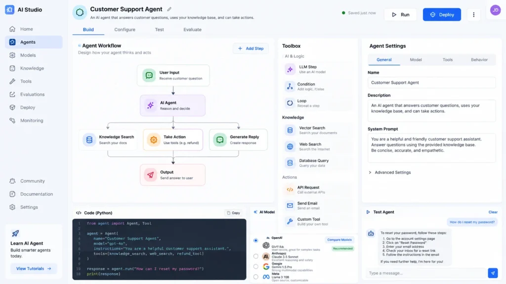 Interface gráfica moderna para engenharia de agentes de IA, mostrando janelas com código, configurações e opções de modelos de IA