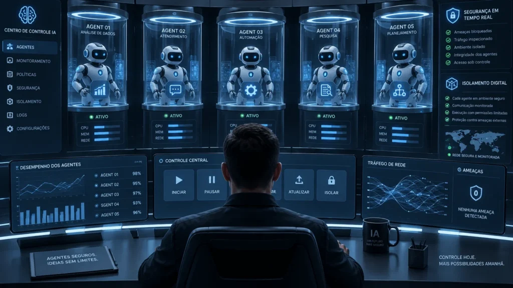 Representação visual de agentes de IA sendo monitorados e controlados por tecnologia de segurança digital