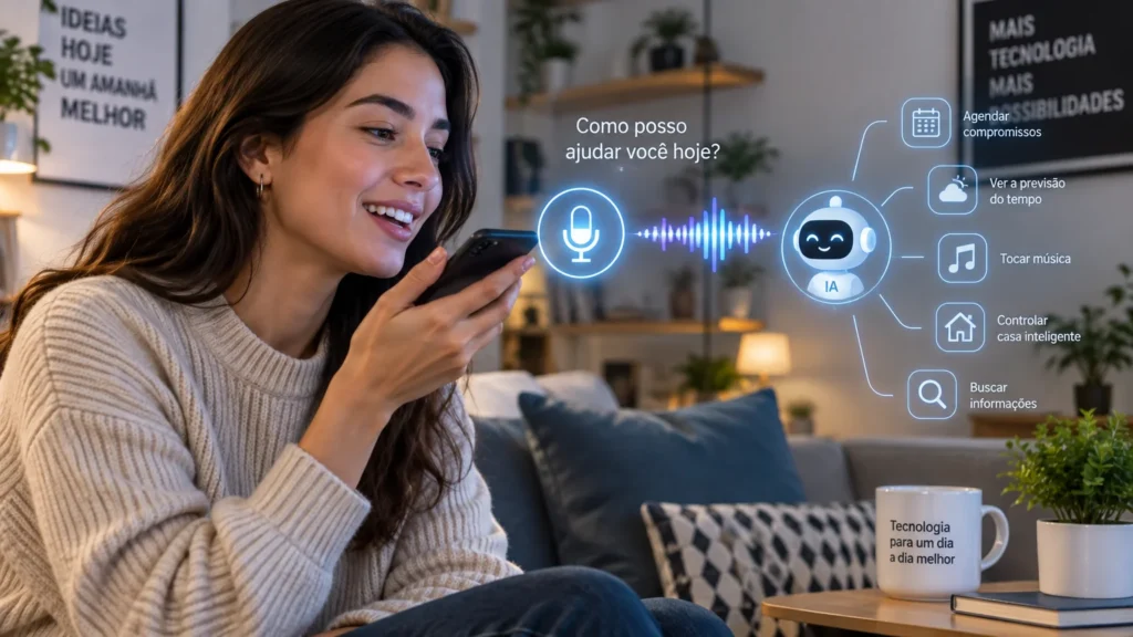 Pessoa usando assistente de voz em smartphone com elementos gráficos de inteligência artificial