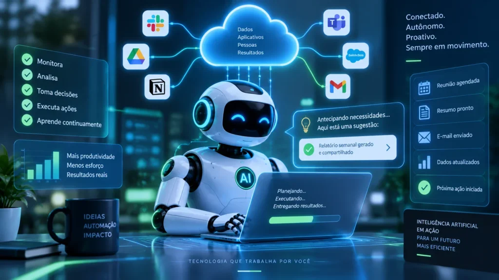 Representação visual de um agente de IA autônomo trabalhando em nuvem com conexões digitais