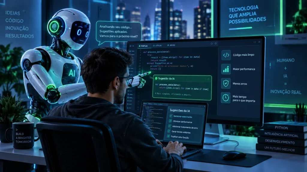Ilustração de inteligência artificial ajudando na programação de código em computador