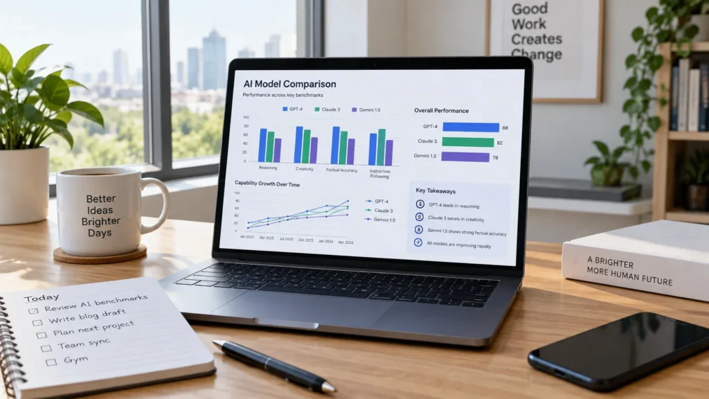 Workspace with laptop showing AI model comparison charts and notes