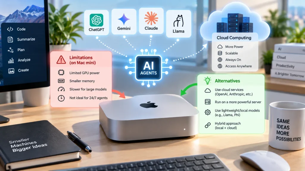 Mac mini com ícones de inteligência artificial e computação em nuvem ao redor