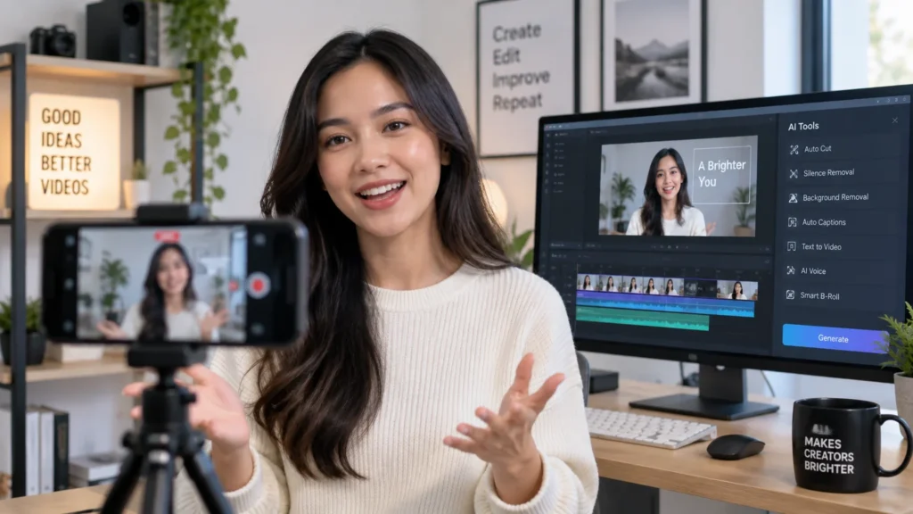 Pessoa gravando vídeo com smartphone enquanto computador mostra software de edição de vídeo com IA