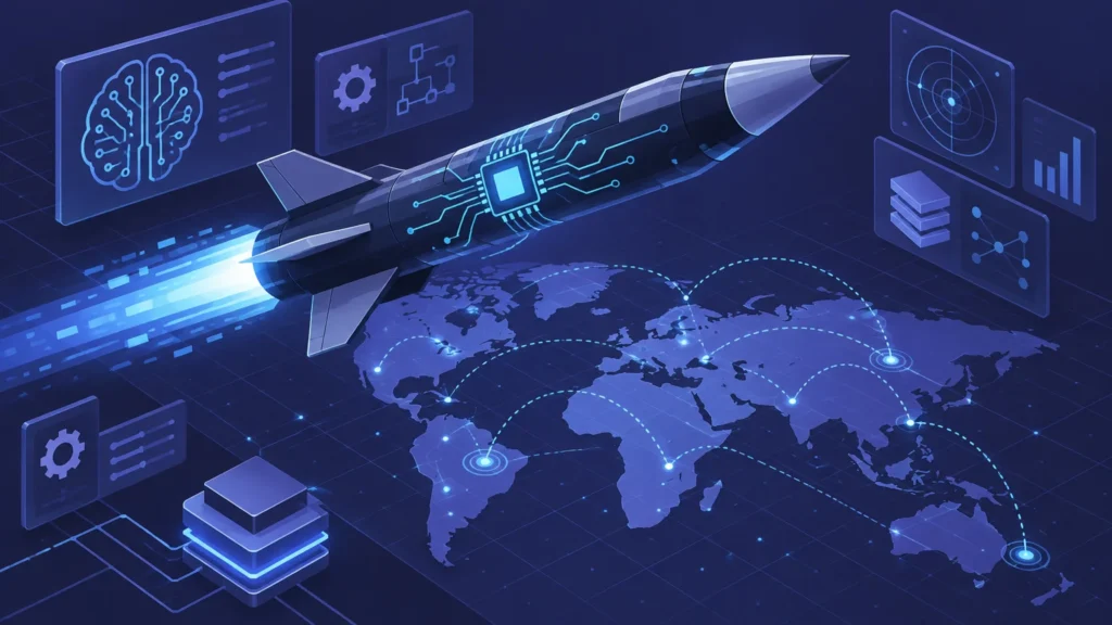 Ilustração conceitual abstrata sobre o tema: Como Aprender Inteligência Artificial com o Exemplo do Míssil Norte-Coreano