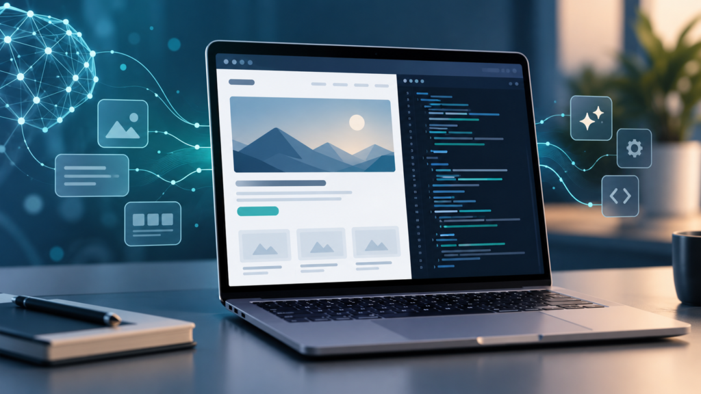 Notebook exibindo um layout de site e código, com elementos gráficos que representam ferramentas de inteligência artificial.