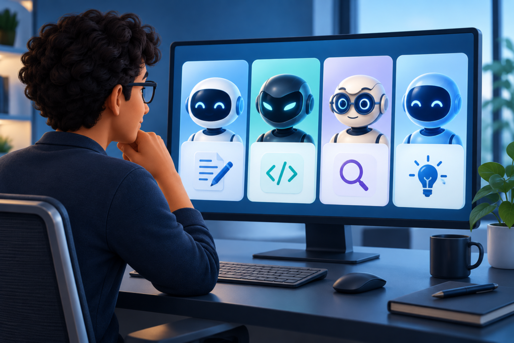 Pessoa comparando diferentes assistentes de inteligência artificial em uma tela, com ícones de escrita, programação, pesquisa e ideias.