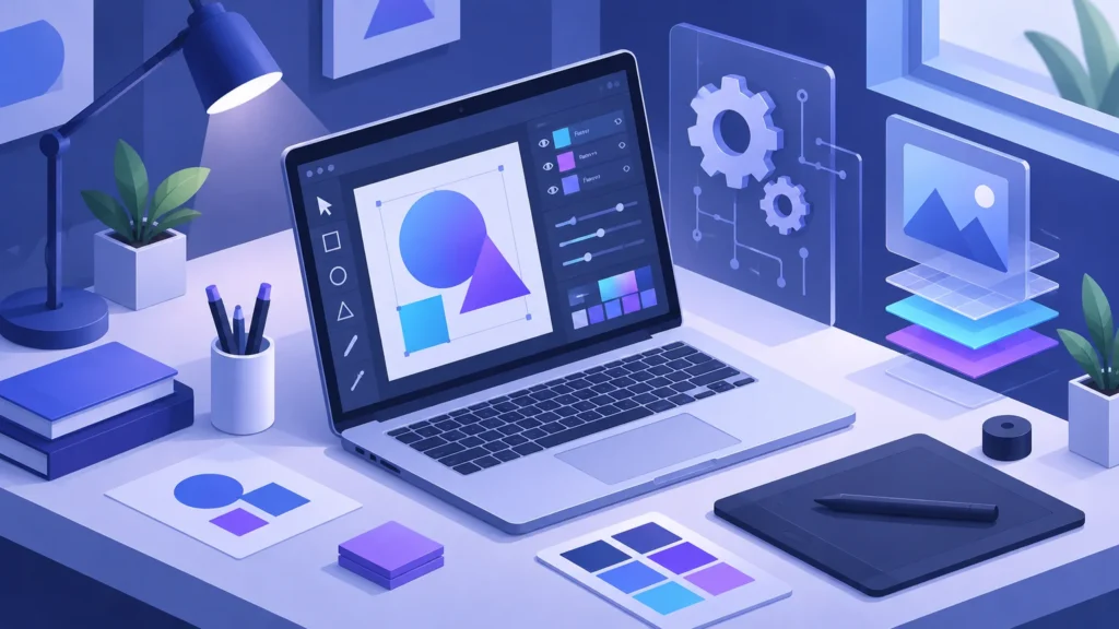 Ilustração conceitual abstrata sobre o tema: Como Usar IA para Criar Designs Profissionais e Economizar Horas de Trabalho